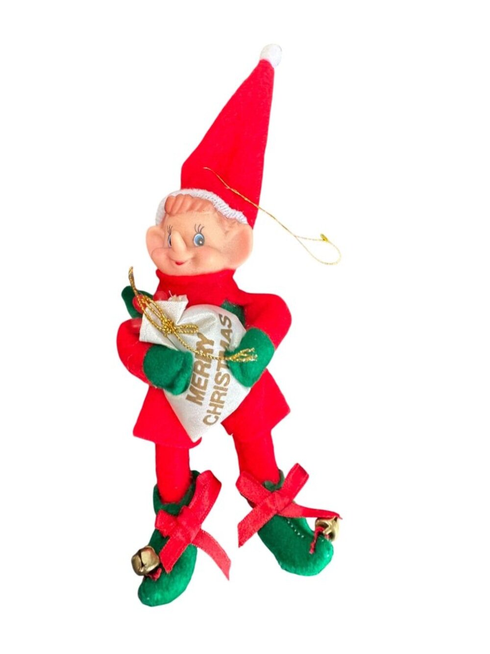 Vintage Knee Hugger Elf Ornament Red Green Jingle Bells Merry Christmas 6" - Picture 2 of 6